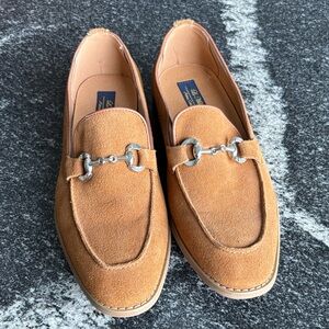 Milano Tan Suede Loafers with Silver Horse Bit Buckle